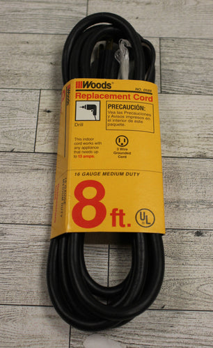 Woods 8 Ft Replacement Cord - 16 Gauge Medium Duty - 13 Amp - New