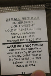 Gen III Light Weight Cold Weather Long John Shirt - Coyote - XSmall Regular- New