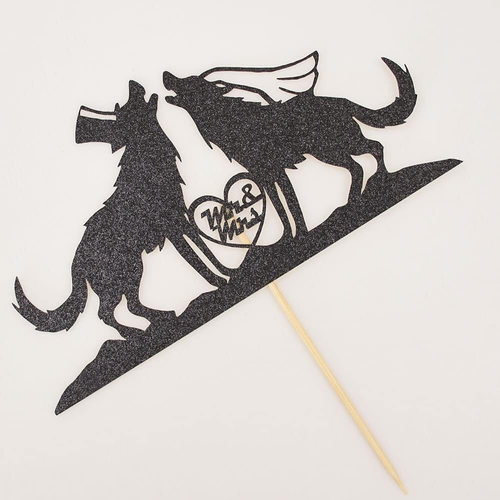 Mr. & Mrs. Wedding Wolf Cake Topper - Party Forest Wildlife - Black Glitter -New
