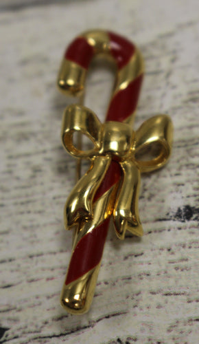 Monet Christmas Candy Cane Brooch Pin - Gold Tone with Red Enamel - Used
