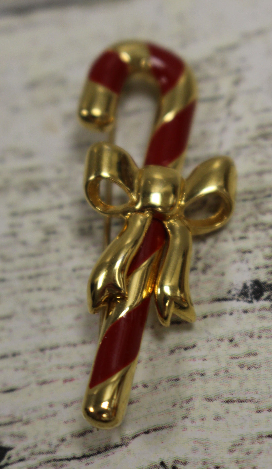 Monet Christmas Candy Cane Brooch Pin - Gold Tone with Red Enamel - Used