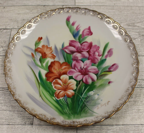 Vintage Gold Trim S. Kuguga Hand Painted Floral Plate -Signed - Used