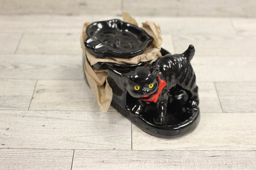 Vintage Black Cat Ashtray Set - 4 Double Holder Trays Match Vase - Used