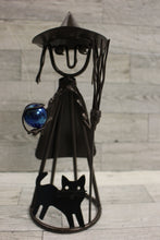 Load image into Gallery viewer, Vintage Halloween Black Metal Witch with Cat Candle Holder Sculpture - Used