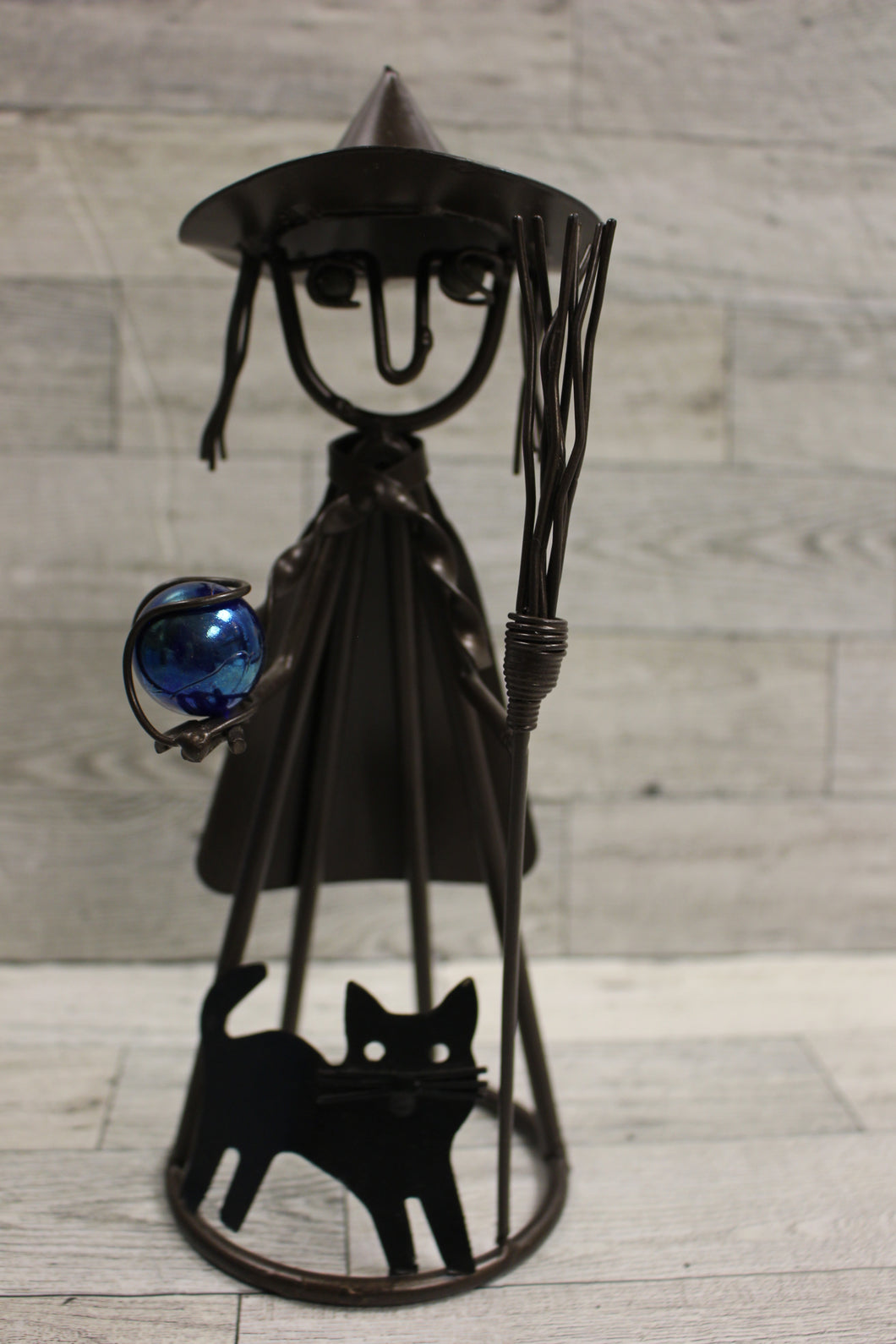 Vintage Halloween Black Metal Witch with Cat Candle Holder Sculpture - Used