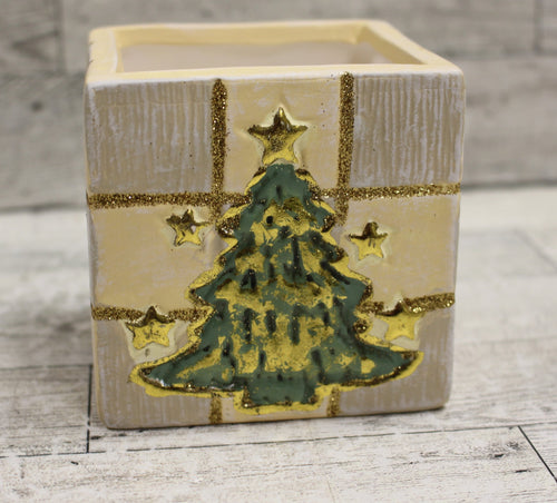Christmas Tree Ceramic Square Holiday Cube for Candles or Crafts - New