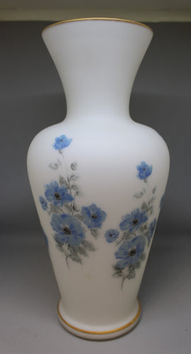 Vintage Italian Norleans Crystal Satin White Vase with Blue Flowers - Used