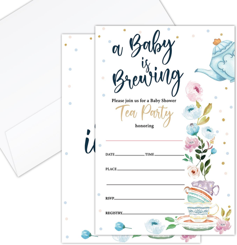 A Baby is Brewing Baby Shower Gender Reveal Tea Party Fill-in Invites -Set of 25