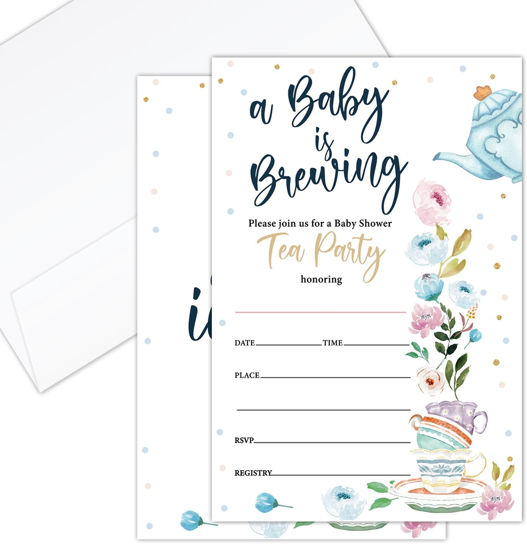 A Baby is Brewing Baby Shower Gender Reveal Tea Party Fill-in Invites -Set of 25