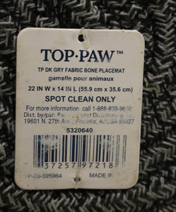 Top Paw Gray Fabric Bone Shaped Placemat - 22" x 14" - New