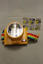 Load image into Gallery viewer, Vintage LUX Head Lamp - Yellow with Rainbow Strap - Used