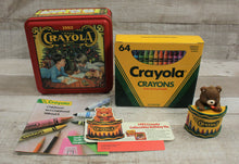 Load image into Gallery viewer, Vintage 1992 Crayola Crayon Tin Gift Set with 64 Count Crayons &amp; Bear Ornament