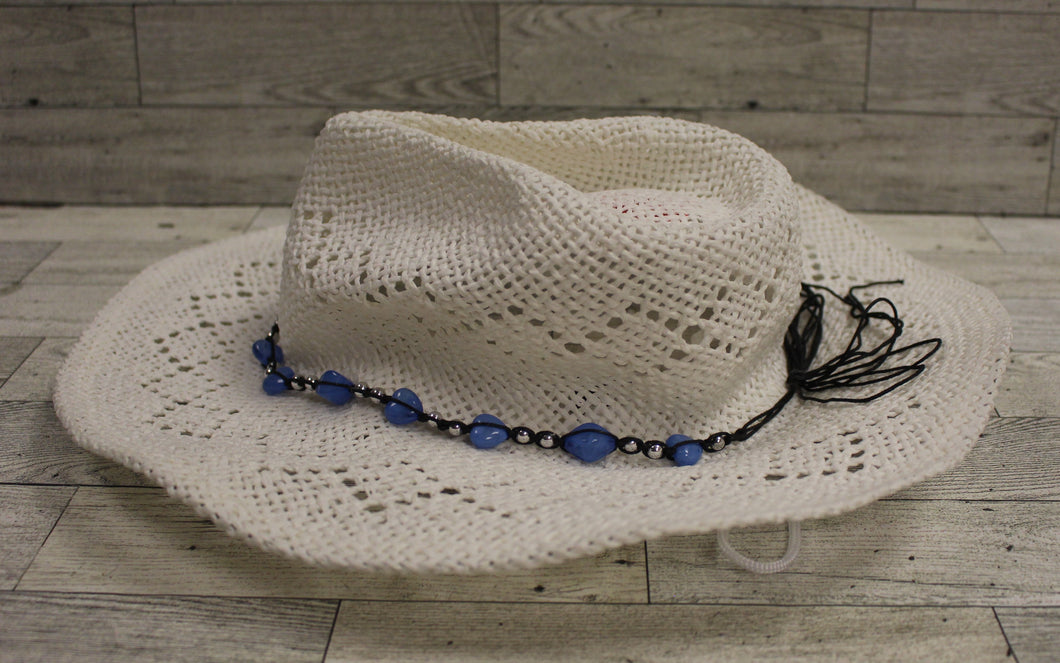 Vamuss Women’s Cowboy Hat With Beaded Trim - White - Boho Hip - Used