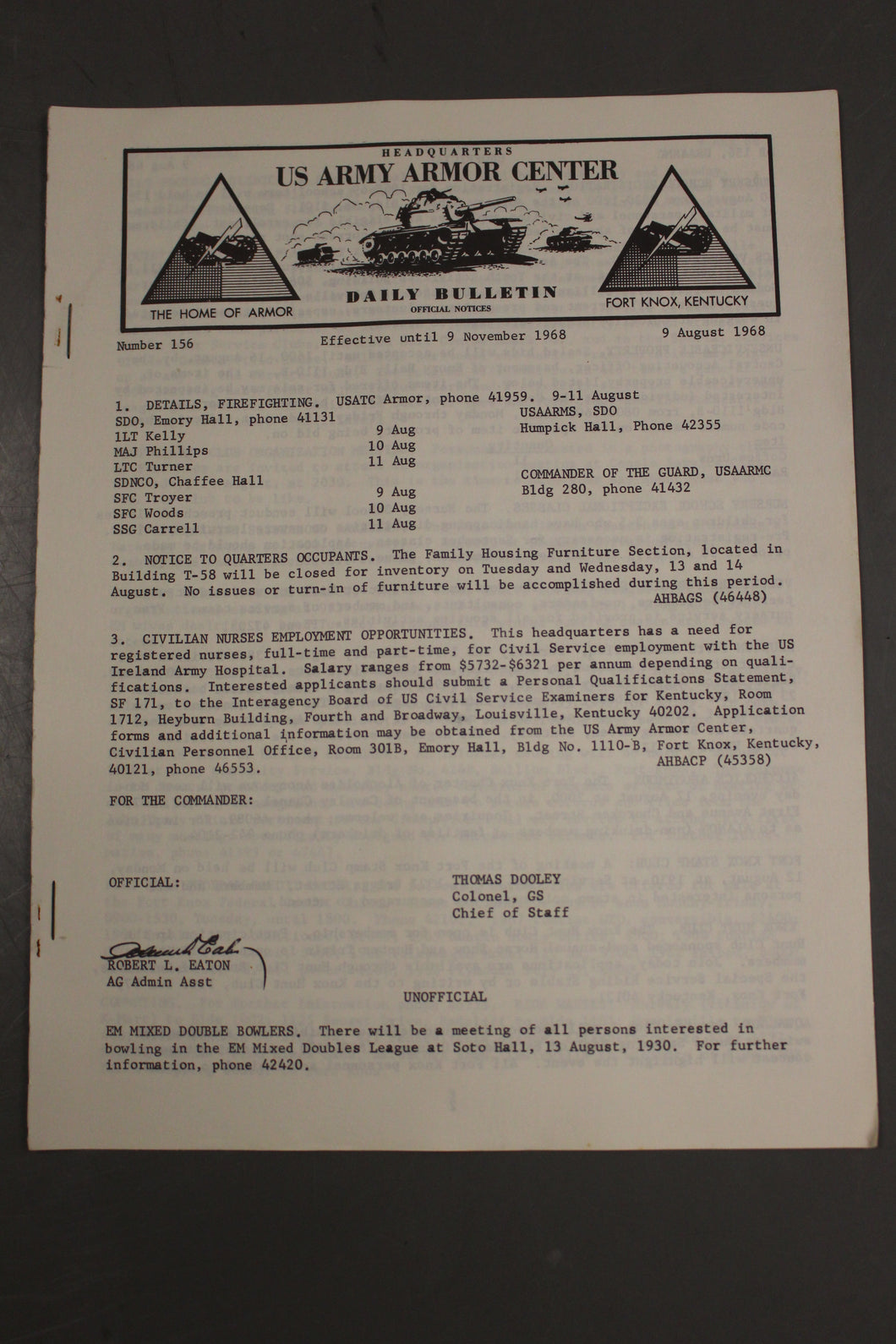 US Army Armor Center Daily Bulletin Official Notices, No 156, August 9, 1968
