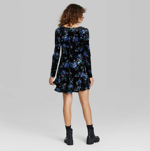 Wild Fable Women's Floral Print Long Sleeve Velvet Drop Hem Dress - Small - New