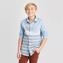 Load image into Gallery viewer, Cat &amp; Jack Boys&#39; Long Sleeve Striped Button-Down Shirt - Light Blue/Gray - XSmall (4/5) - New