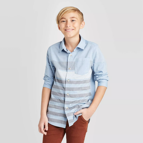 Cat & Jack Boys' Long Sleeve Striped Button-Down Shirt - Light Blue/Gray - XSmall (4/5) - New