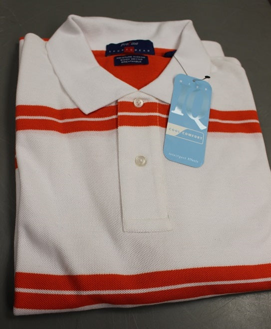 Proline Men's Sportswear Polo T-Shirt, Large, White with orange, NEW!