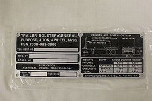 Trailer Bolster Identification Plate, NSN 9905-00-798-1208, New!