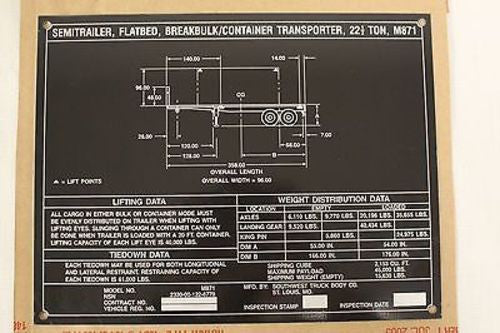 Flatbed Semitrailer Identification Plate, NSN 9905-01-243-0621, New!