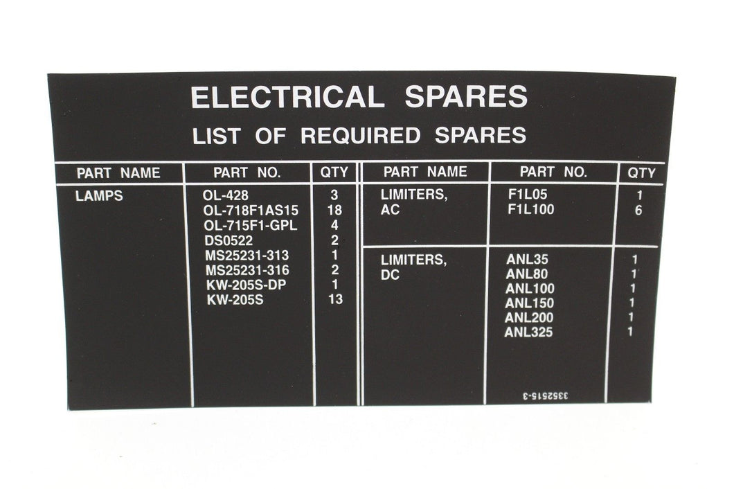 C130J Aircraft Electrical Spares Decal, 7690-01-476-5289, 3352515-3, New