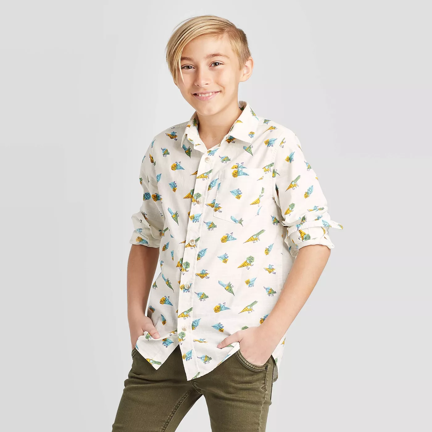 Cat & Jack Boys' Long Sleeve Dino Print Button-Down Shirt