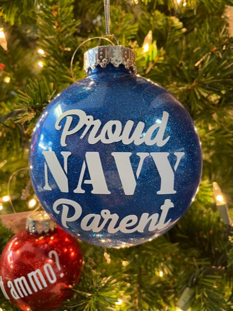 Christmas Ornament - Proud Navy Parent - Blue Glitter - New