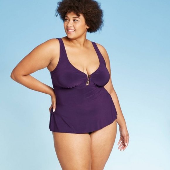 Aqua Green Women's Plus Size Over The Shoulder Tankini Top - Purple - 18W - New