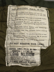 US Military M-1951 Field Trouser Liner - Size: Long-Medium - Used