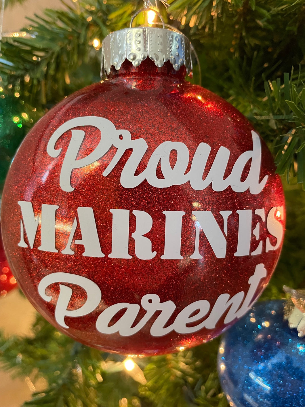 Christmas Ornament - Proud Marine Parent - Red Glitter - New