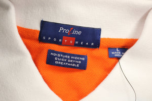 Proline Men's Sportswear Polo T-Shirt, Large, White with orange, NEW!