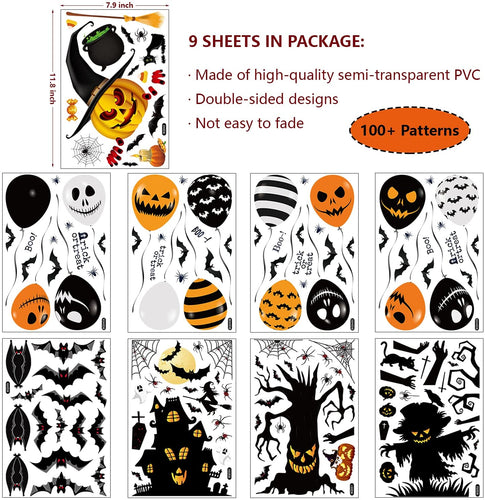 9 Sheet Halloween Window Clings for Glass - Pumpkin Bat Spider Balloon (139 Pcs)