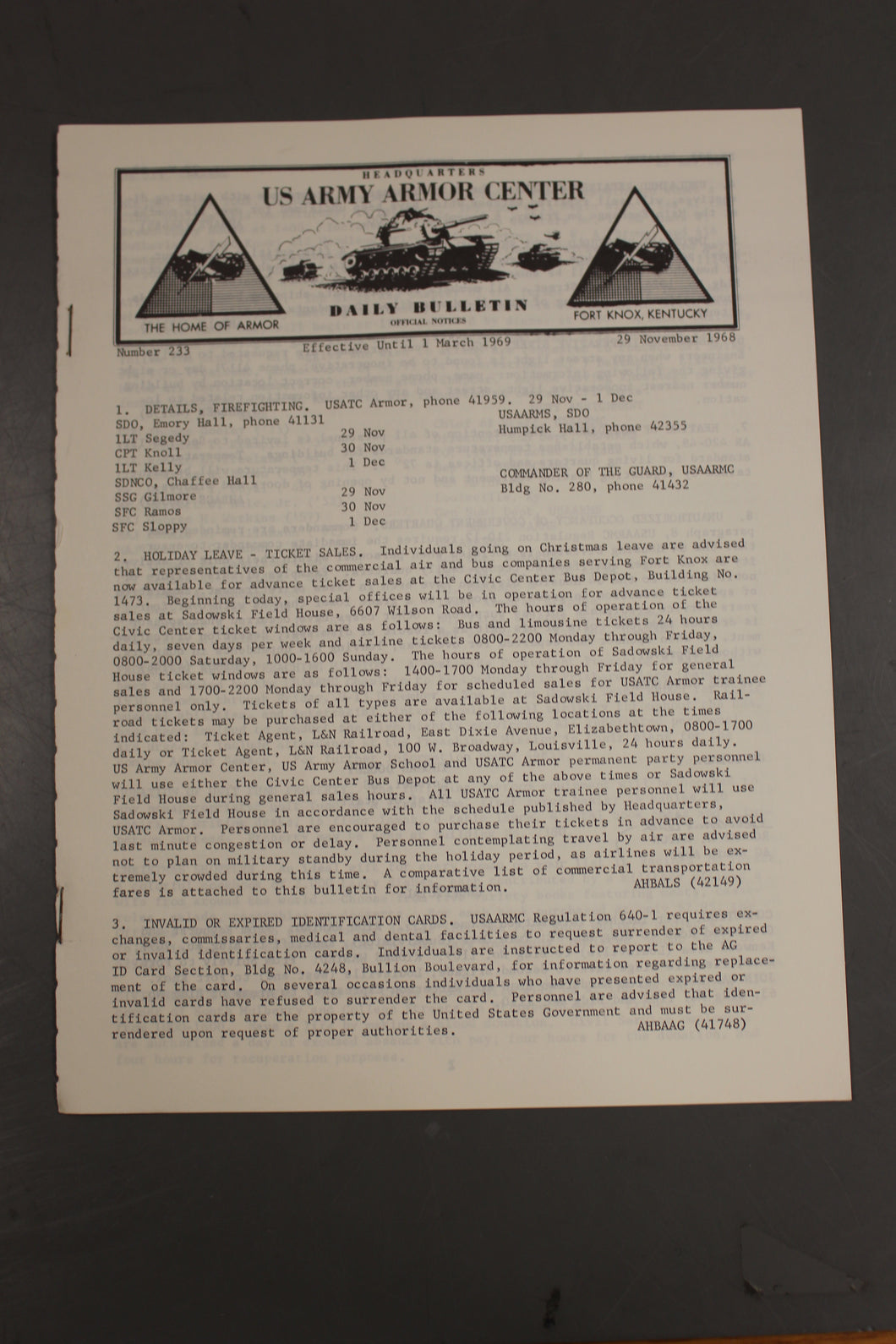 US Army Armor Center Daily Bulletin Official Notices, No 233, November 29, 1968