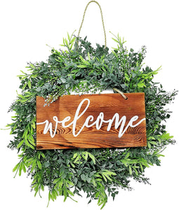 OHMZPERE 18 Inch Artificial Wreath with Wooden Welcome Sign - New