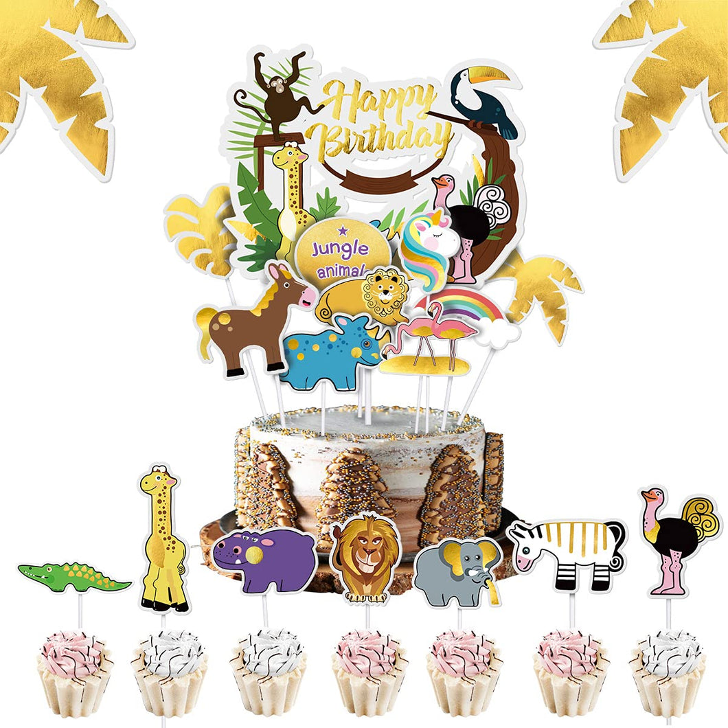 Animal Cake Toppers Happy Birthday Jungle Theme for Cake & Cupcakes - 38 Pieces