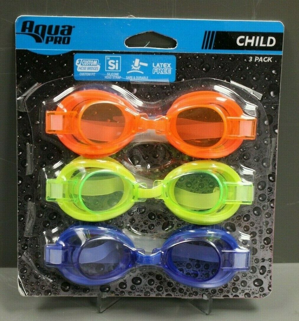 Aqua Pro Child Goggles, Set of 3, Orange, Yellow, & Blue, DPG0304DV, New