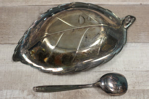 International DeepSilver Leaf Dish/Plate with Silver Spoon - Anniversary Rose - Includes box -Used