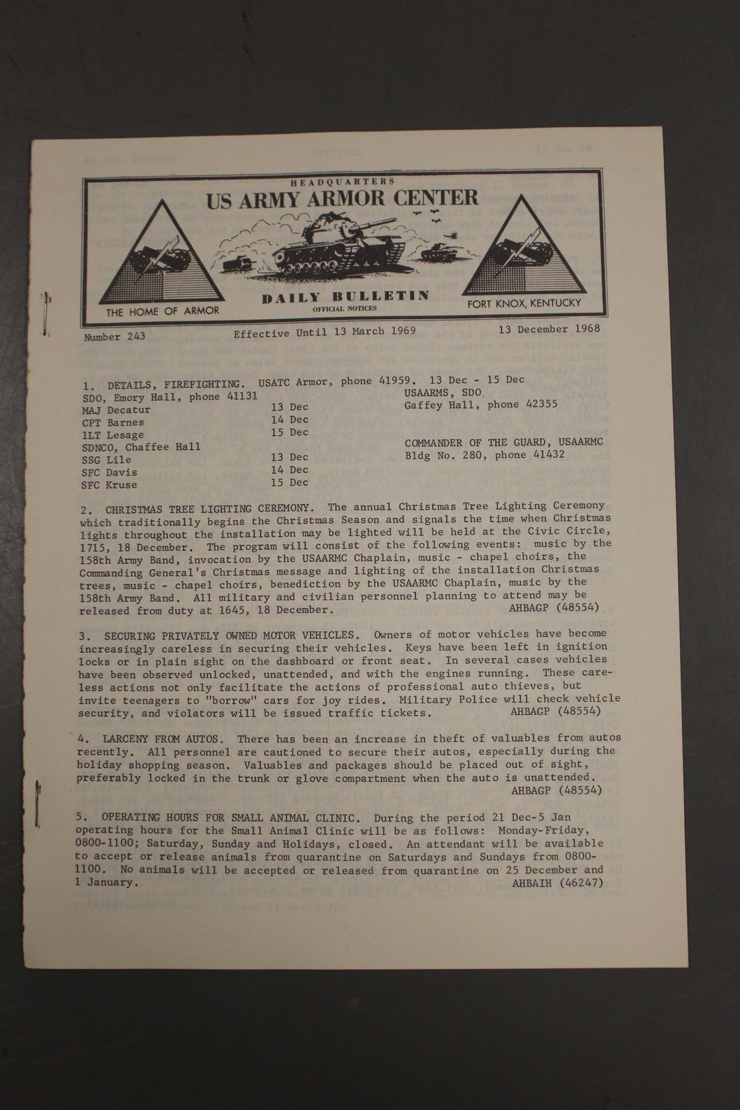 US Army Armor Center Daily Bulletin Official Notices, No 243, December 13, 1968