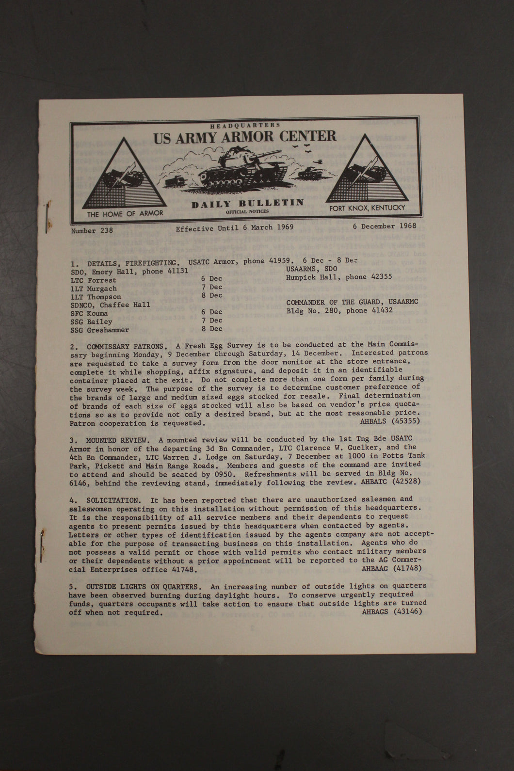 US Army Armor Center Daily Bulletin Official Notices, No 238, December 6, 1968