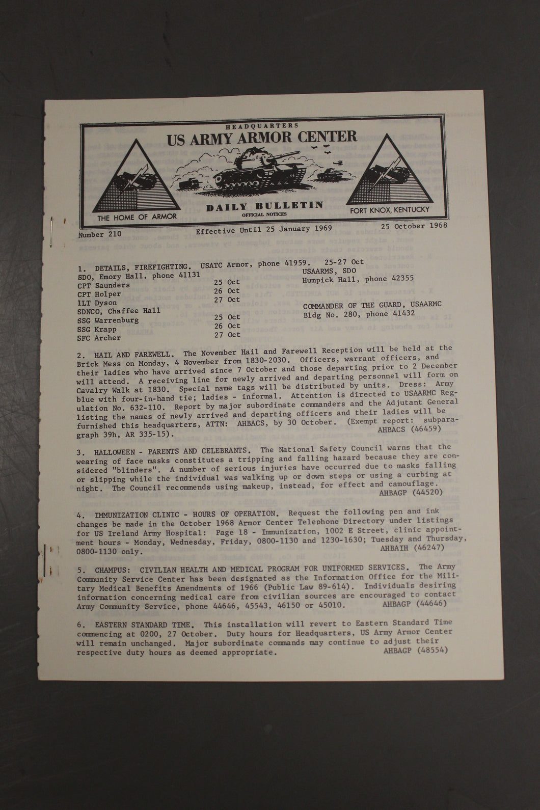 US Army Armor Center Daily Bulletin Official Notices, No 210, October 25, 1968