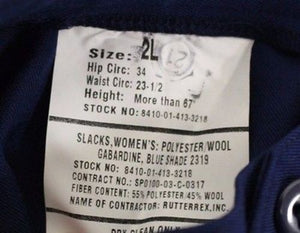 US Military Women's Blue Gaberdine Slacks, NSN 8410-01-413-3218, Size: 2 L, NEW!