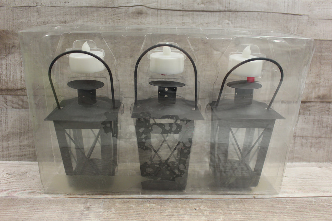 Illuminations 3-Pack Lanterns With Flameless Votive Tealights -Black -New
