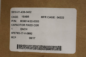 Ceramic Dielectric Fixed Capacitor, 5910-01-436-0402, M39014/22-0353, New