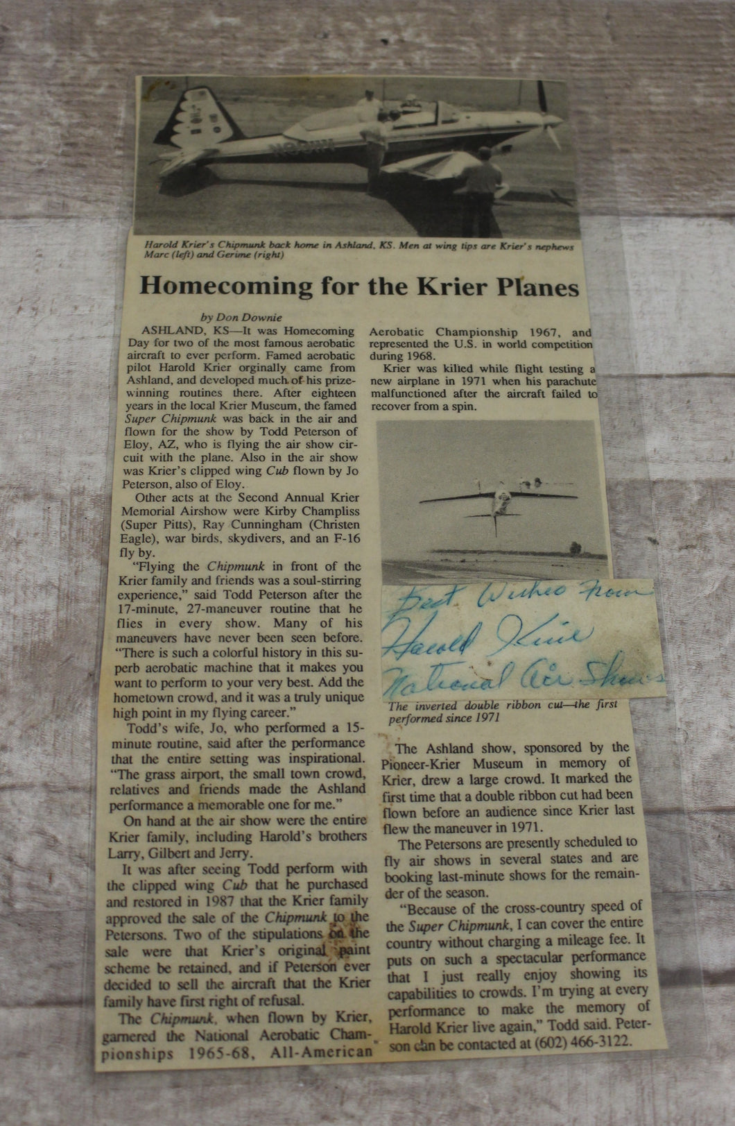 Homecoming for the Krier Planes Newpaper Article - By Don Downie - Laminated