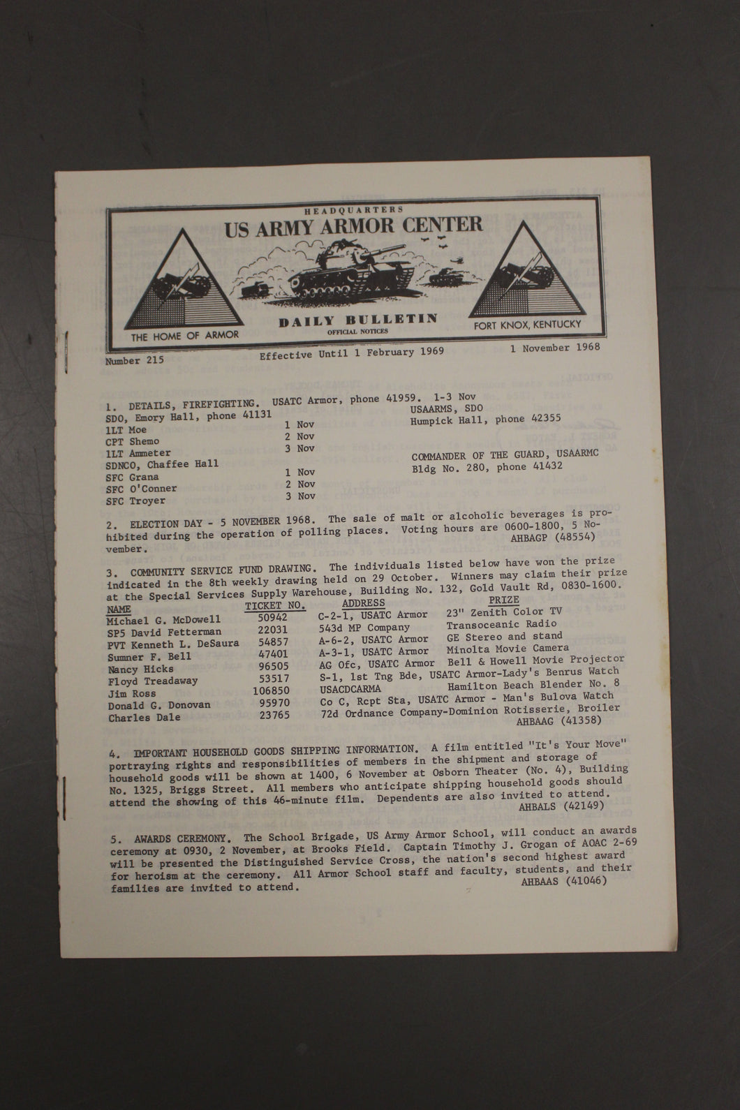 US Army Armor Center Daily Bulletin Official Notices, No 215, November 1, 1968