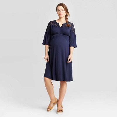 Isabel Maternity 3/4 Sleeve Lace Yoke Knit Maternity Dress - Navy - Sm Military Steals and Surplus Isabel Maternity 3/4 Sleeve Lace Yoke Knit Maternity Dress - Navy - Sm Military Steals and Surplus
