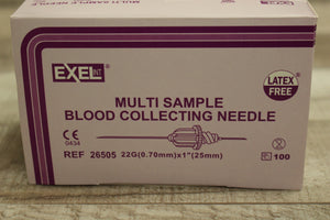 Exel Multi Sample Blood Collecting Needles - Pack of 100 - 22G x 1" - New