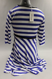 Meaneor Women's O-Neck 3/4 Sleeve Belted Striped Dress Size XL -Blue/White -New