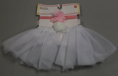 Baby Girl White Tulle Tutu Skirt & Pink Flower Headband Set - New
